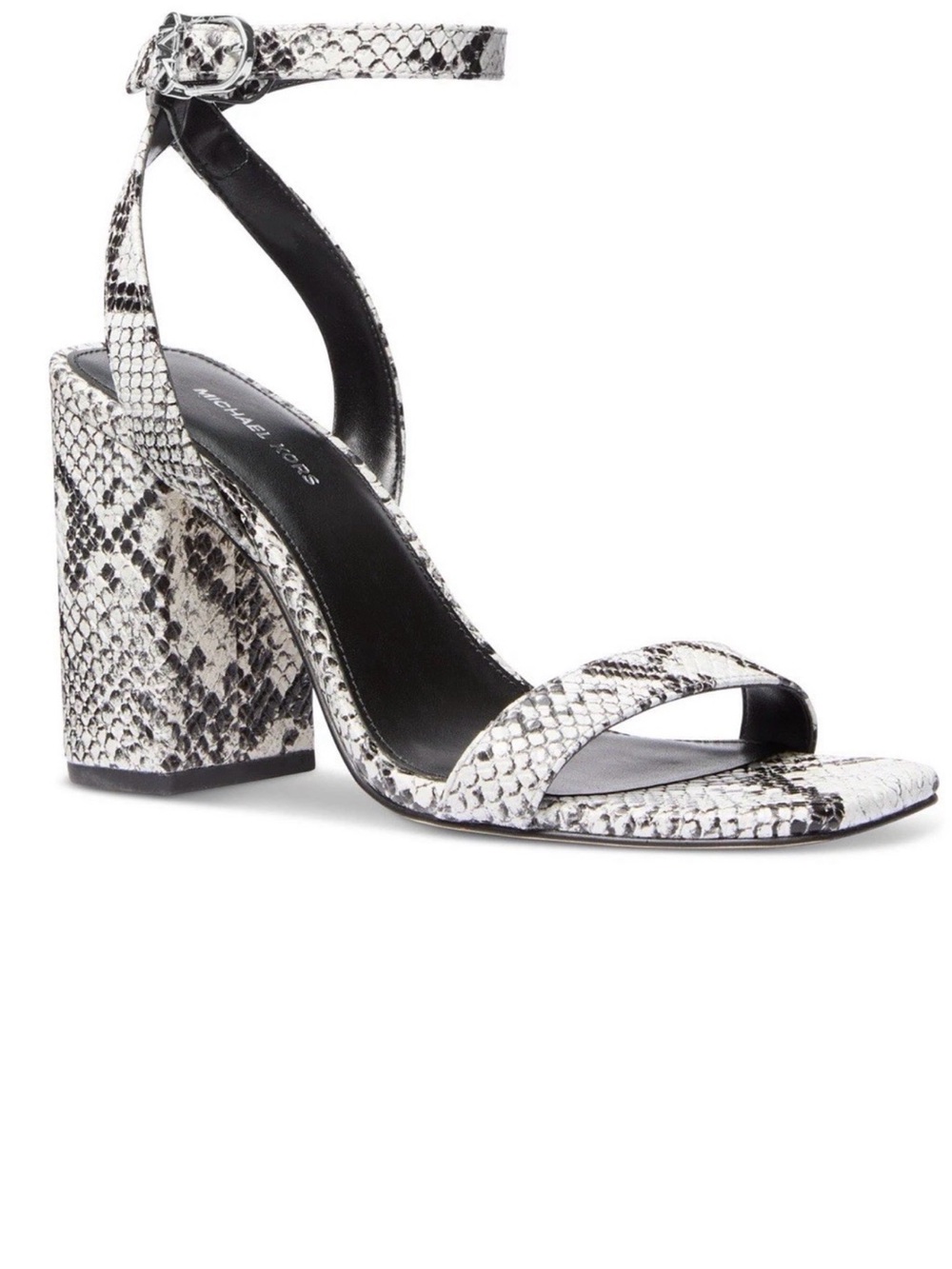 Michael Kors White and Black Snake-Print Ankle-Strap Block Heel Sandal - Picture 4 of 5